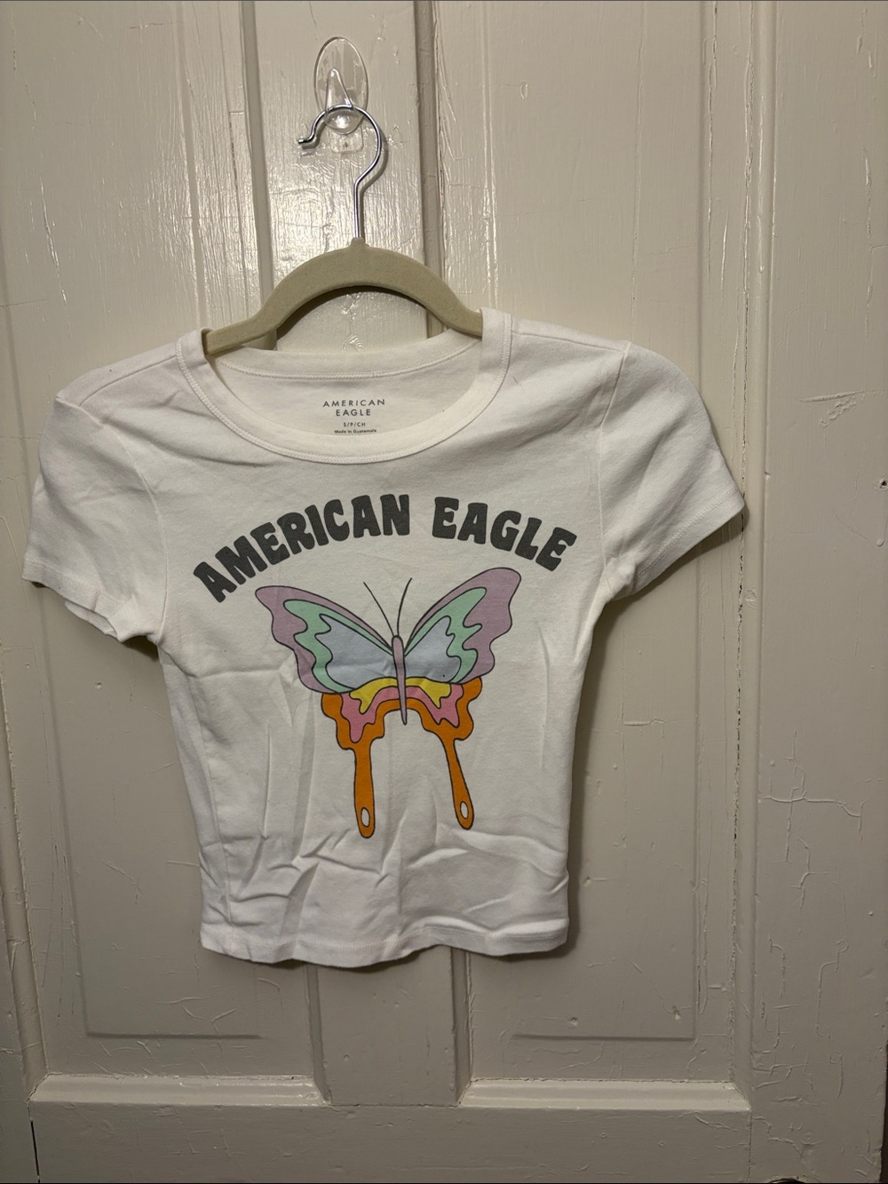 American Eagle Outfitters White Tee with Pastel Butterfly Graphic